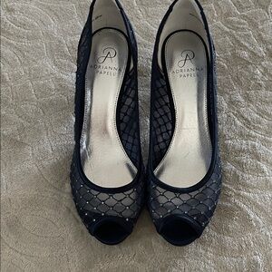 Adrianna Papell Black Mesh Peep-Toe Heels with Rhinestone Detail